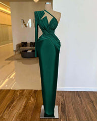 One Shoulder Long Sleeve Long Prom Dress with Pleated Appliques