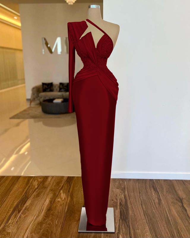 One Shoulder Long Sleeve Long Prom Dress with Pleated Appliques