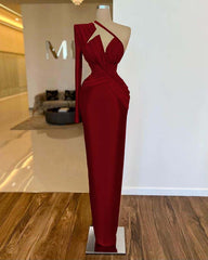 One Shoulder Long Sleeve Long Prom Dress with Pleated Appliques