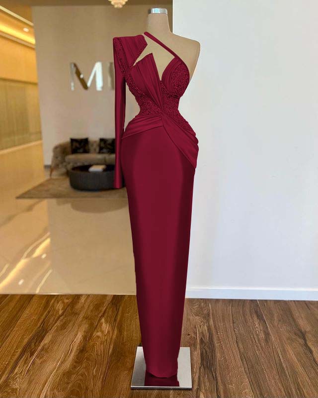 One Shoulder Long Sleeve Long Prom Dress with Pleated Appliques