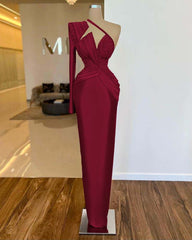 One Shoulder Long Sleeve Long Prom Dress with Pleated Appliques