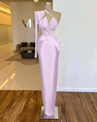 One Shoulder Long Sleeve Long Prom Dress with Pleated Appliques