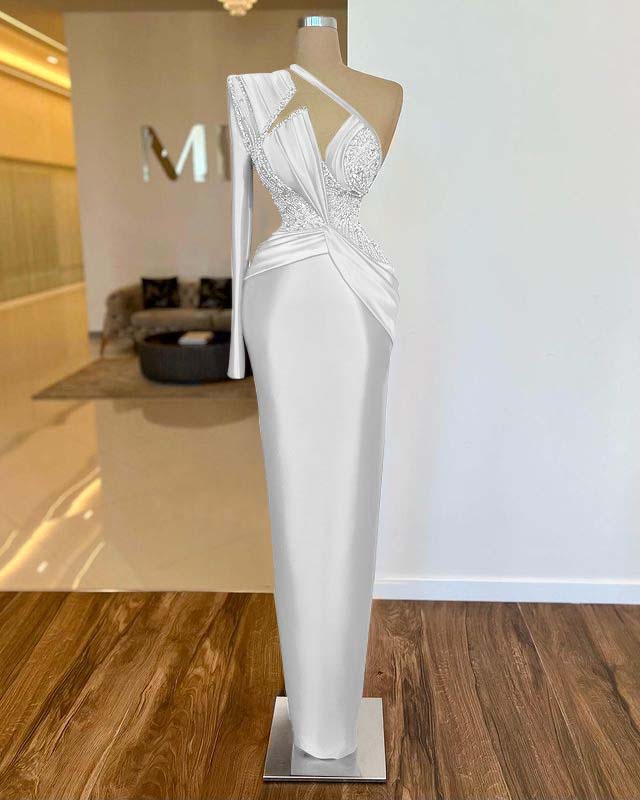 One Shoulder Long Sleeve Long Prom Dress with Pleated Appliques