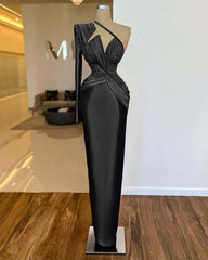 One Shoulder Long Sleeve Long Prom Dress with Pleated Appliques