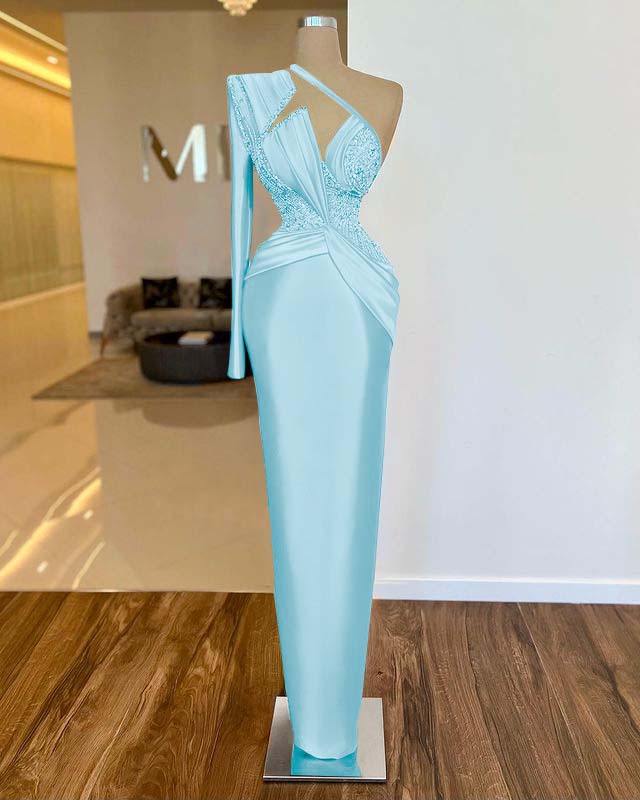 One Shoulder Long Sleeve Long Prom Dress with Pleated Appliques