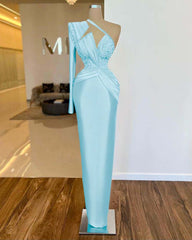One Shoulder Long Sleeve Long Prom Dress with Pleated Appliques