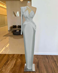 One Shoulder Long Sleeve Long Prom Dress with Pleated Appliques