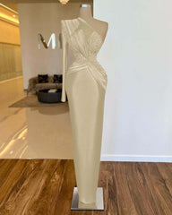 One Shoulder Long Sleeve Long Prom Dress with Pleated Appliques