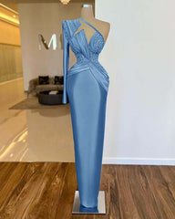 One Shoulder Long Sleeve Long Prom Dress with Pleated Appliques