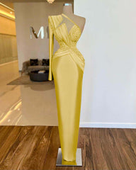 One Shoulder Long Sleeve Long Prom Dress with Pleated Appliques