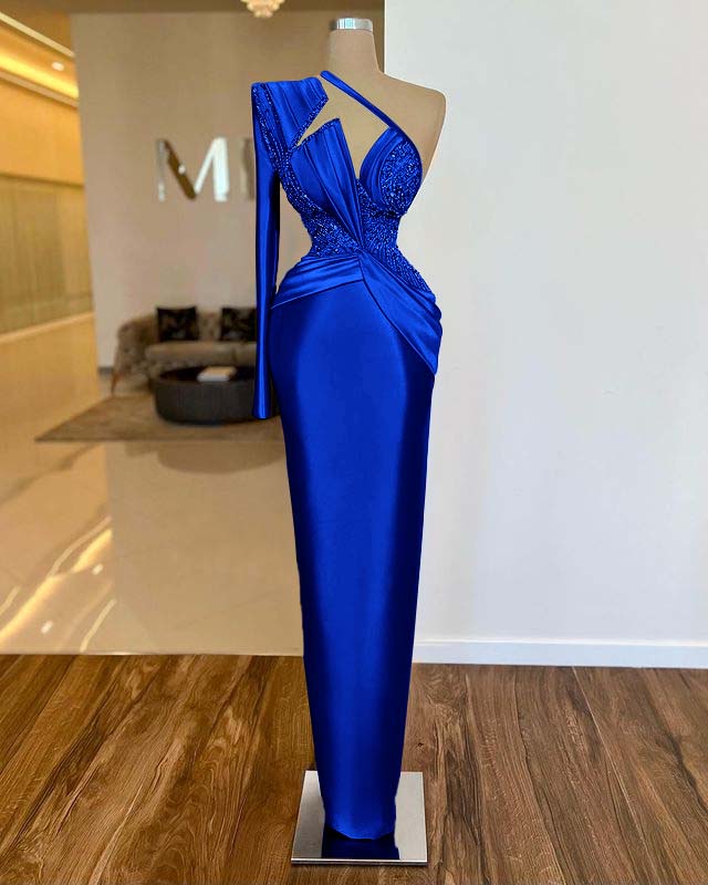 One Shoulder Long Sleeve Long Prom Dress with Pleated Appliques