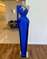 One Shoulder Long Sleeve Long Prom Dress with Pleated Appliques