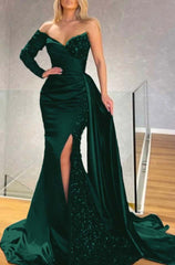 Strapless Long Sleeve Long Pleated Prom Dress with Sequins and Split
