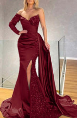 Strapless Long Sleeve Long Pleated Prom Dress with Sequins and Split