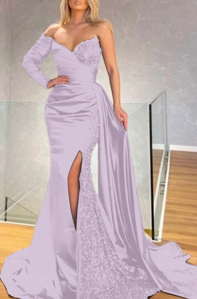 Strapless Long Sleeve Long Pleated Prom Dress with Sequins and Split