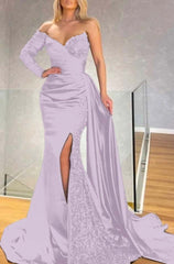 Strapless Long Sleeve Long Pleated Prom Dress with Sequins and Split