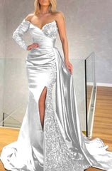 Strapless Long Sleeve Long Pleated Prom Dress with Sequins and Split