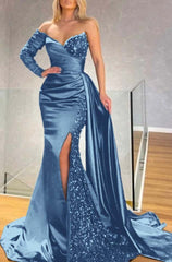 Strapless Long Sleeve Long Pleated Prom Dress with Sequins and Split