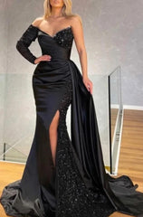 Strapless Long Sleeve Long Pleated Prom Dress with Sequins and Split