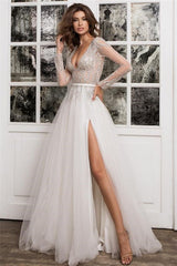 Long Sleeve V-Neck A-Line Tulle Beaded Wedding Dress with Split