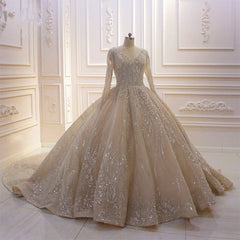 Long Sleeve V-Neck Ball Gown Wedding Dress with Sequins, Beading, and Ruffles