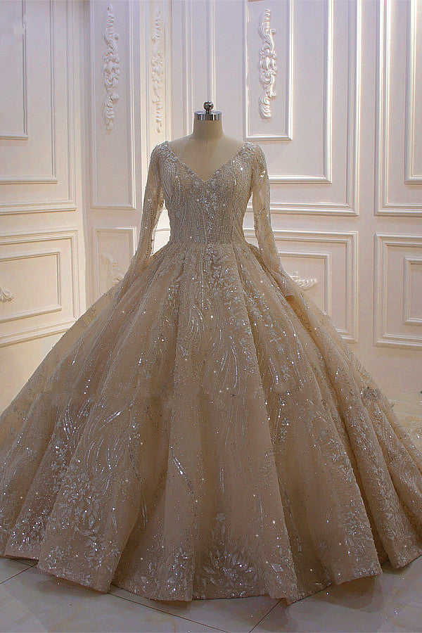 Long Sleeve V-Neck Ball Gown Wedding Dress with Sequins, Beading, and Ruffles