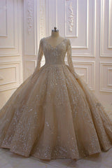 Long Sleeve V-Neck Ball Gown Wedding Dress with Sequins, Beading, and Ruffles