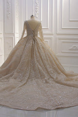 Long Sleeve V-Neck Ball Gown Wedding Dress with Sequins, Beading, and Ruffles