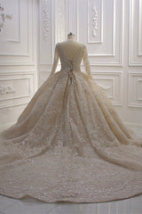 Long Sleeve V-Neck Ball Gown Wedding Dress with Sequins, Beading, and Ruffles