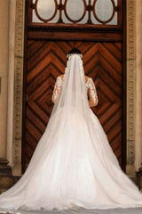 Long Sleeve V-Neck Lace Applique Mermaid Wedding Dress with Detachable Skirt