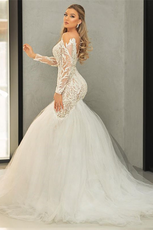 Long Sleeve V-Neck Tulle Mermaid Wedding Dress with Lace