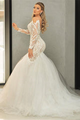 Long Sleeve V-Neck Tulle Mermaid Wedding Dress with Lace