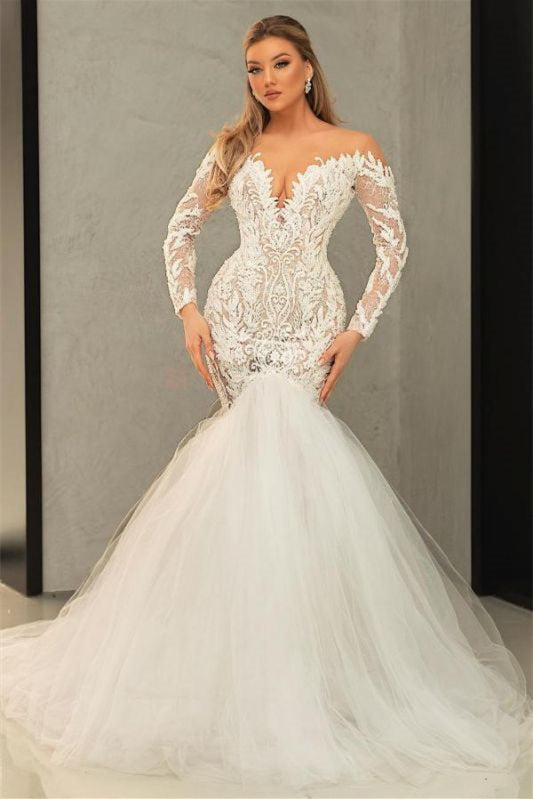 Long Sleeve V-Neck Tulle Mermaid Wedding Dress with Lace