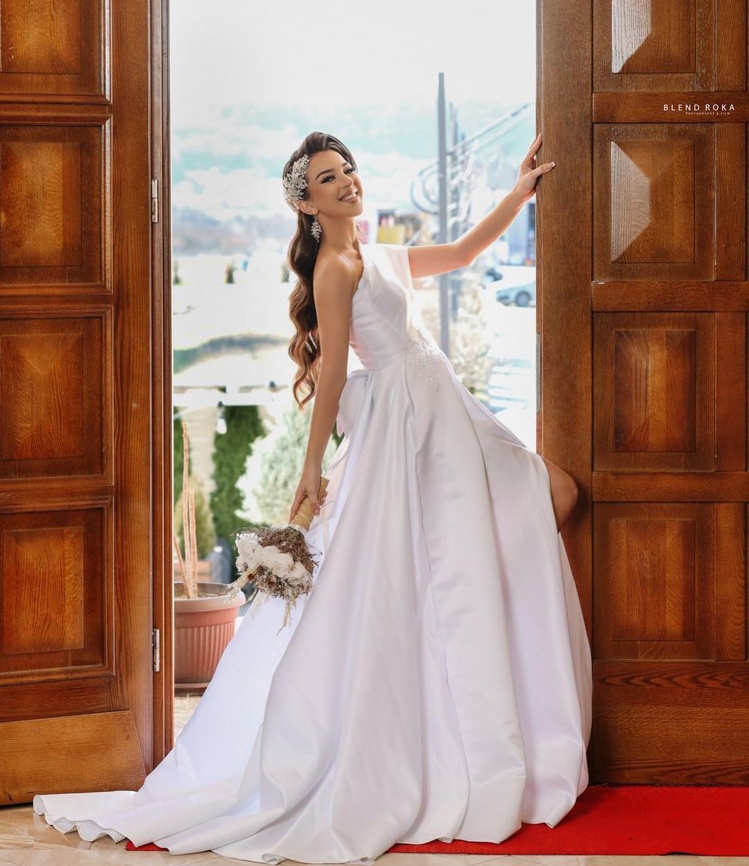 Long Sleeveless A-Line One-Shoulder Satin Wedding Dress with Slit