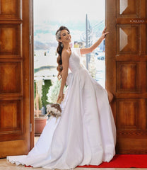 Long Sleeveless A-Line One-Shoulder Satin Wedding Dress with Slit