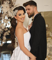 Long Sleeveless A-Line One-Shoulder Satin Wedding Dress with Slit