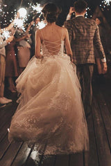 Long Sleeveless Tulle Lace Spaghetti Strap A-Line Wedding Dress with V-Neck