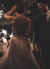 Long Sleeveless Tulle Lace Spaghetti Strap A-Line Wedding Dress with V-Neck