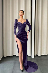 Dark Green Sweetheart Long Sleeve Long Prom Dress with Sequins and Split