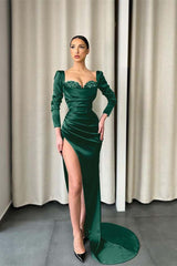 Dark Green Sweetheart Long Sleeve Long Prom Dress with Sequins and Split
