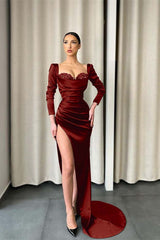 Dark Green Sweetheart Long Sleeve Long Prom Dress with Sequins and Split