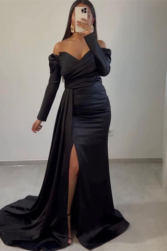 Off the Shoulder Long Sleeve Mermaid Long Prom Dress with Split and Ruffles