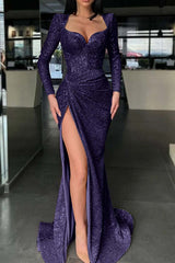 Long Sleeve Mermaid Long Prom Dress with High Split and Sequins