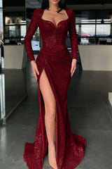 Long Sleeve Mermaid Long Prom Dress with High Split and Sequins