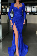 Long Sleeve Mermaid Long Prom Dress with High Split and Sequins