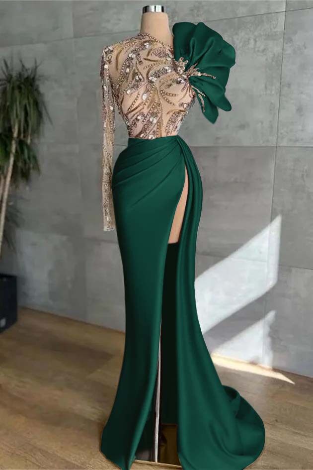 Long Sleeve Mermaid Long Prom Dress with Split and Appliques