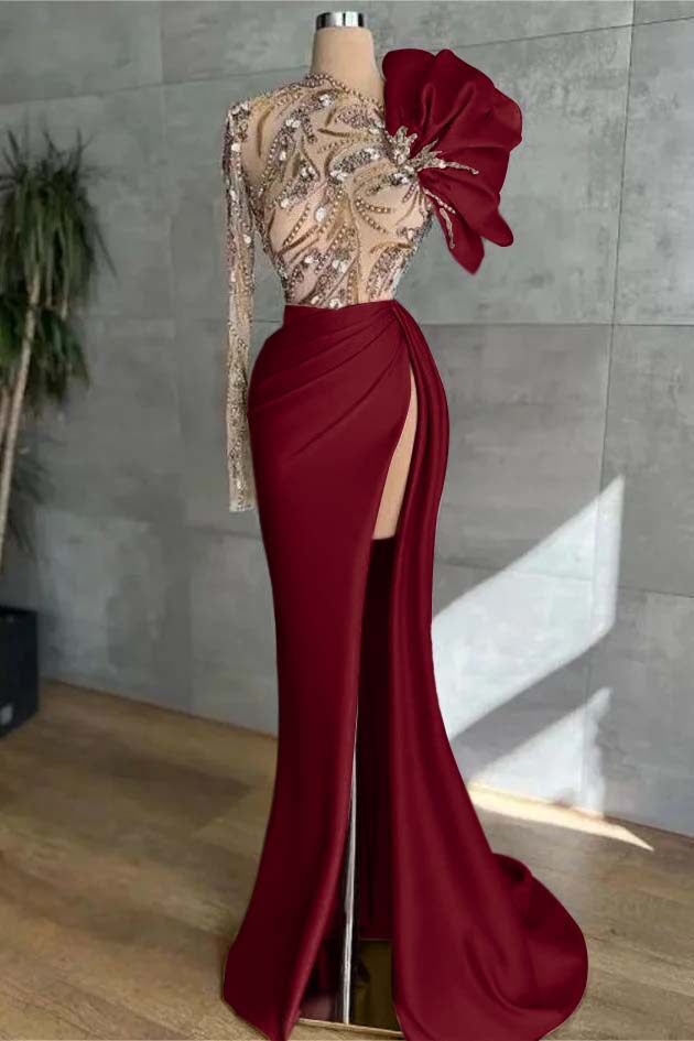 Long Sleeve Mermaid Long Prom Dress with Split and Appliques