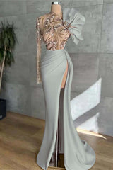 Long Sleeve Mermaid Long Prom Dress with Split and Appliques