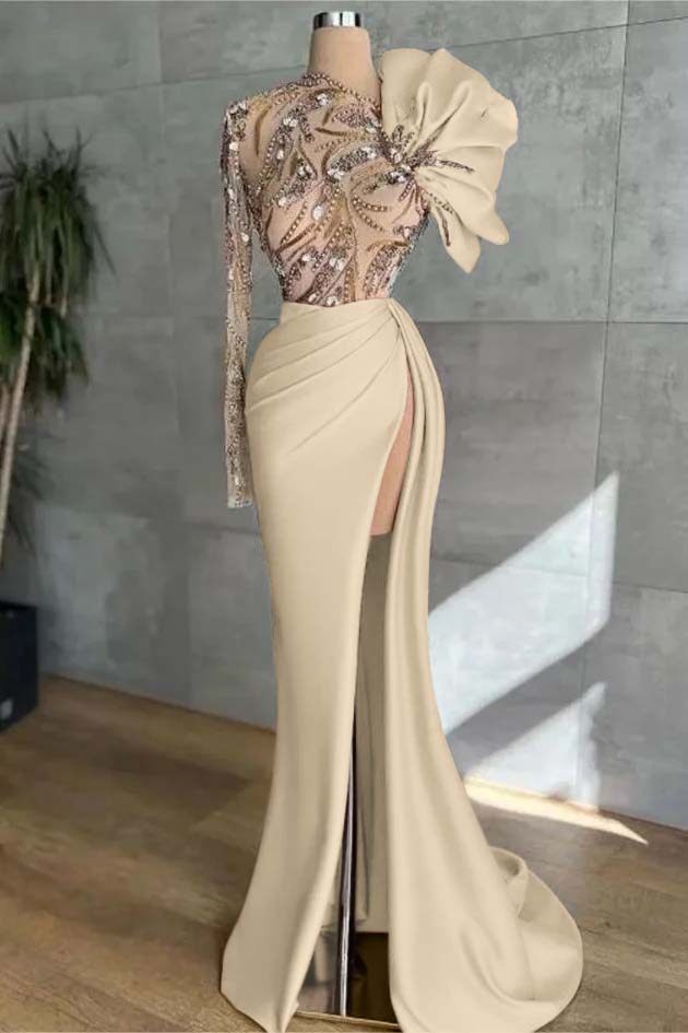 Long Sleeve Mermaid Long Prom Dress with Split and Appliques