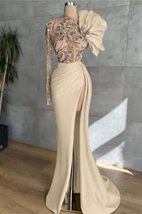 Long Sleeve Mermaid Long Prom Dress with Split and Appliques